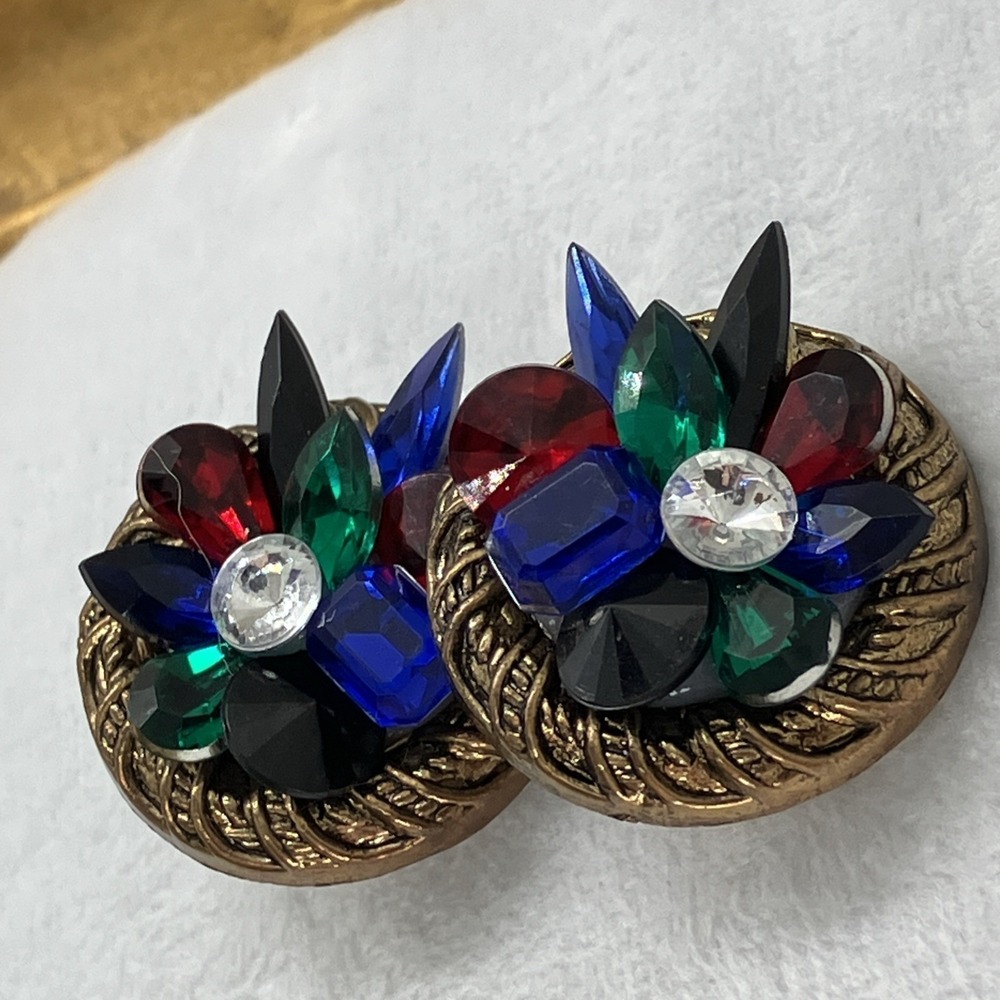 Vtg Colorful Rhinestone Cluster Clip‎ On Earrings Plastic Lightweight Bold 80s